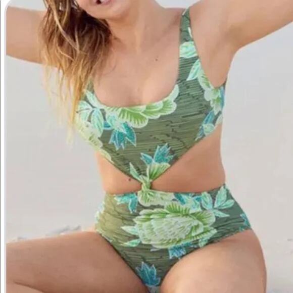 Aerie Floral Knotted Front One Piece Swimsuit Size S Small Green Multi - Picture 6 of 6